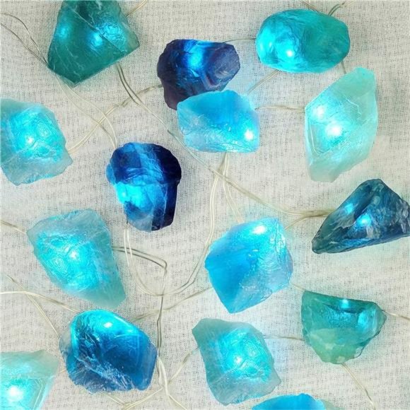 Natural Fluorite String Lights Battery Operated with Remote Sea Glass Raw Stones - Picture 1 of 6